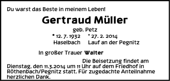 Traueranzeige von Gertraud Müller von Pegnitz-Zeitung